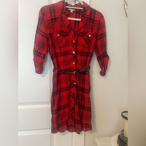 Guess Red Black V-Neck 3/4 Sleeve Shirt Dress